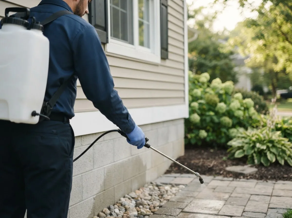 Pest control technician inspecting a home in Liberty, NE